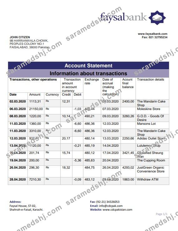 Pakistan Faysal bank statement template in Word and PDF format